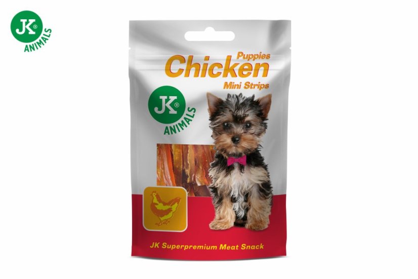 JK Animals sušené kuracie mini prúžky pre šteňatá, mini mäsová steniaca maškrta (Puppies Chicken Mini Strips Meat Snack) 50 g