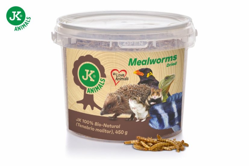 Sušené múčne červy JK Dried Mealworms vo vedre, 450 g, (Tenebrio Molitor)