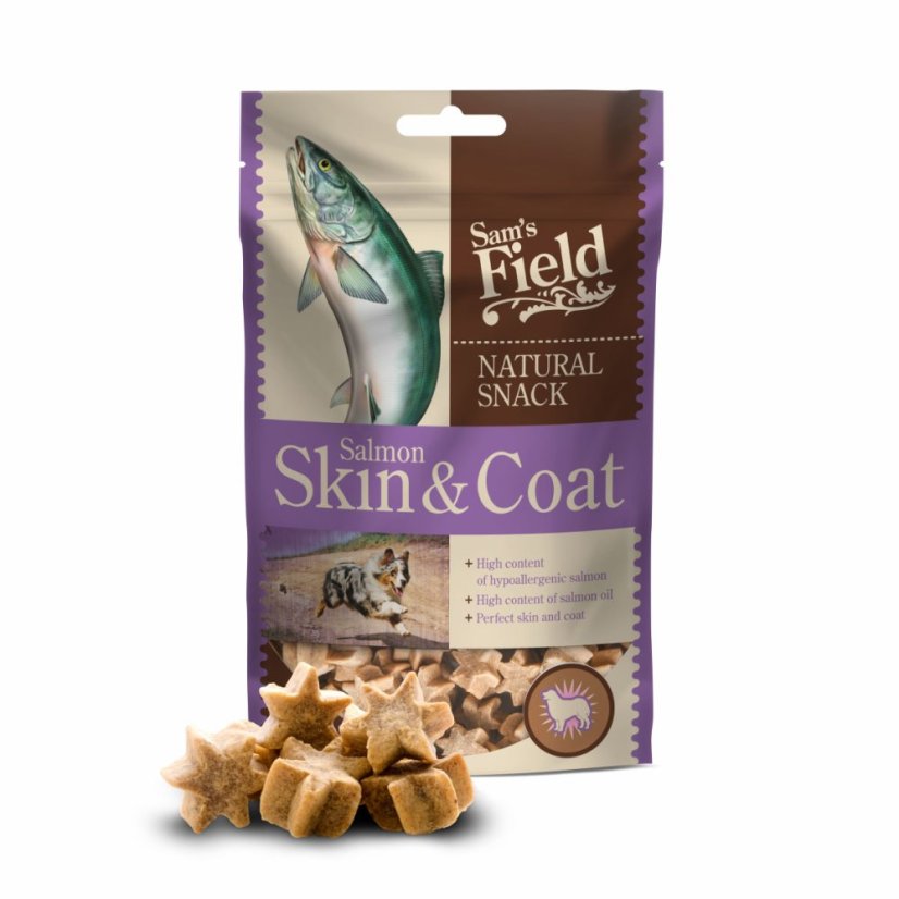 Sam's Field Natural Snack Salmon Skin & Coat, funkčná masová polovlhká mäkká maškrta pre psov, 200 g (Sams Field polovlhká maškrta)