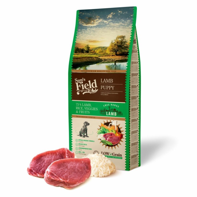 13 kg, Sam's Field Low Grain Puppy Lamb - Free Range, superprémiove granule pre šteňatá s jahňacím z voľného chovu, (Sams Field bez pšenice)