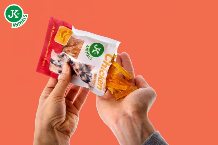 JK Animals sušené kuracie mini prúžky pre šteňatá, mini mäsová steniaca maškrta (Puppies Chicken Mini Strips Meat Snack) 50 g