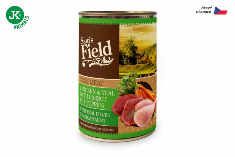 6× 400 g, Sam's Field True Chicken & Veal Meat with Carrot for Puppies (Sams Field mäsová konzerva)