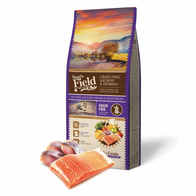 13 kg, Sam's Field Grain Free Salmon & Herring, superprémiové granule pre psov všetkých veľkostí a plemien, (Sams Field bez obilnín)