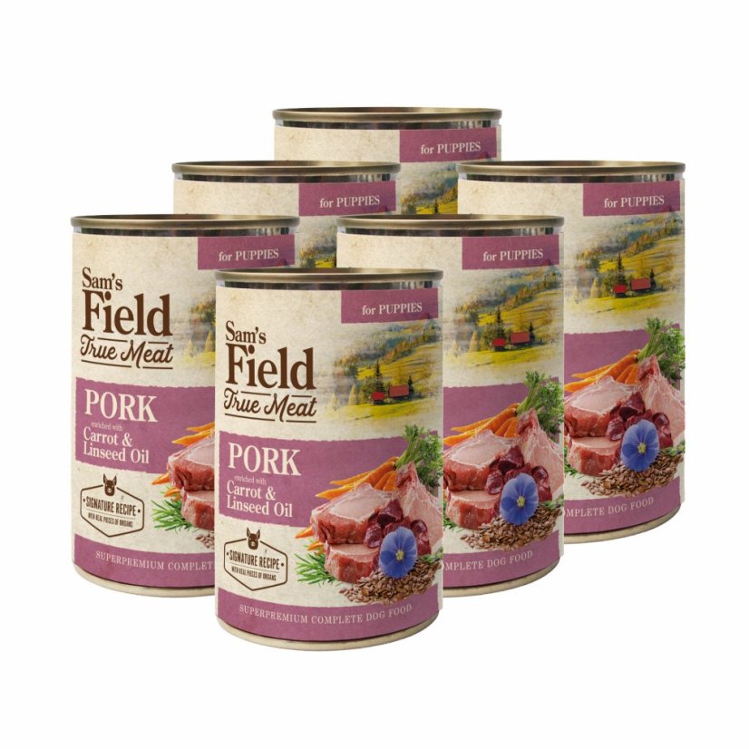 6× 400 g,Sam’s Field True Meat Pork Enriched with Carrot & Linseed Oil for Puppies, superprémiová konzerva,  (Sams Field)