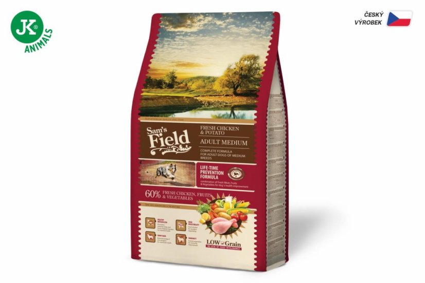 2,5 kg, Sam's Field Low Grain Adult Medium Chicken & Potato, superprémiové granule, (Sams Field bez pšenice)
